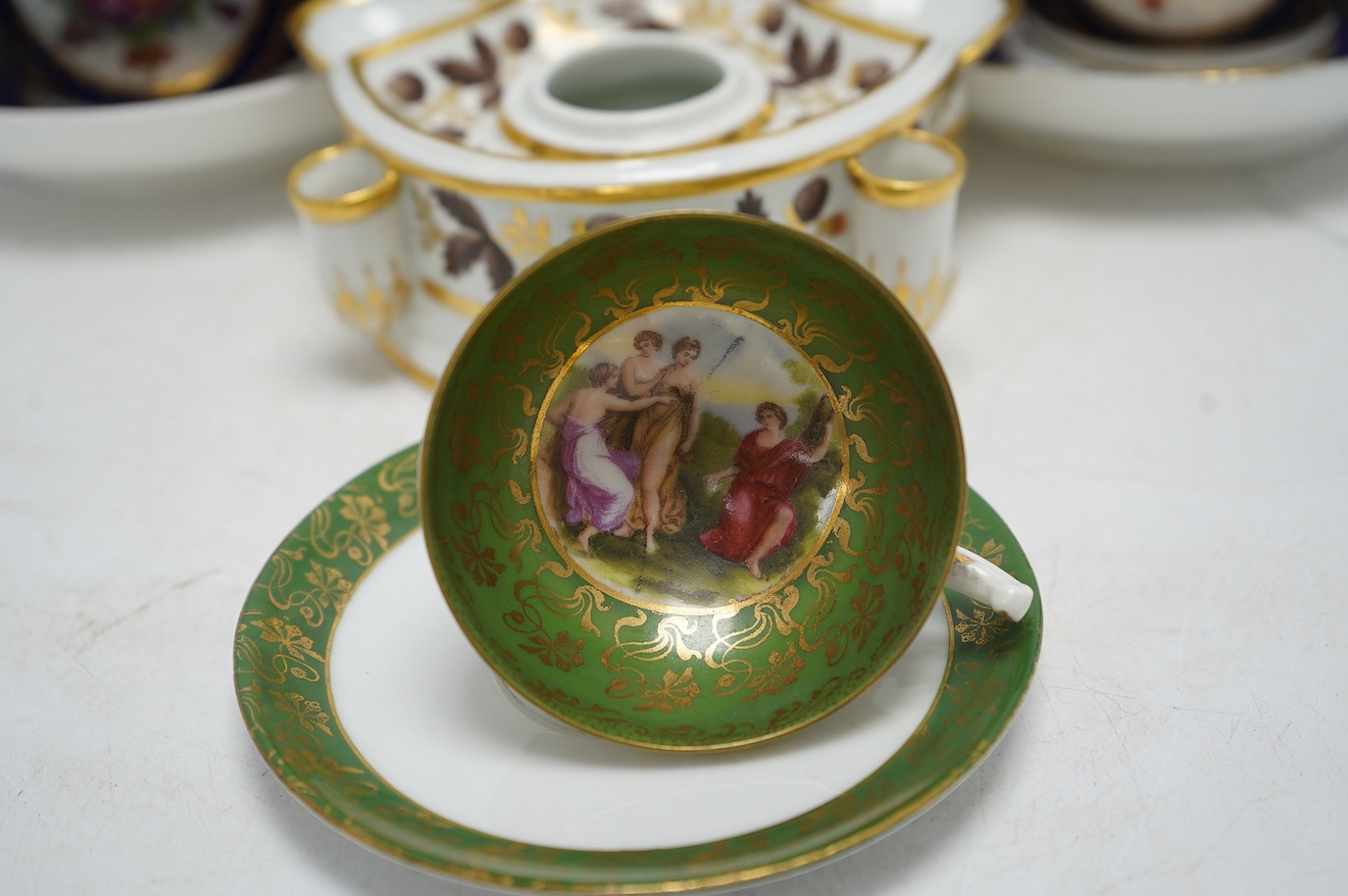 A quantity of 19th century porcelain to include Flight Barr & Barr, Worcester pedestal bowl, two Chamberlains Worcester breakfast trios and ink stand, largest 11cm high. Condition - fair, Flight Barr & Barr restored